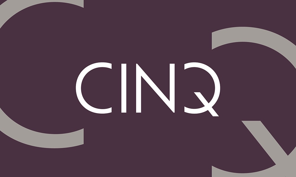 Contemporary logo for CINQ in white on eggplant colored background with silvery grey C and Q embracing the lettermark.