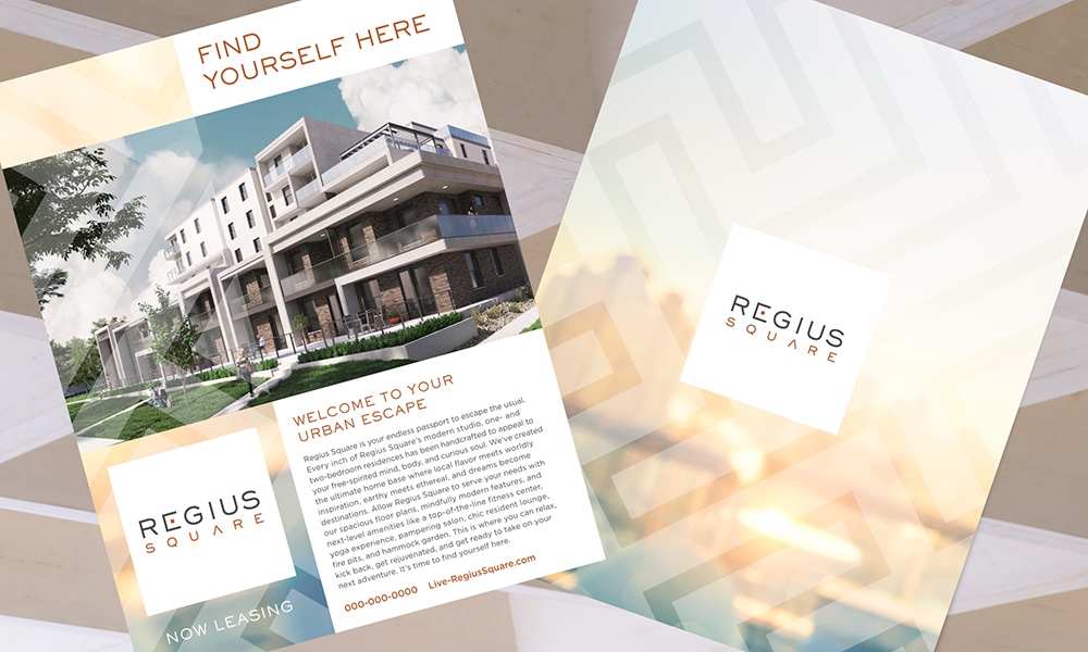 Stunning collateral pieces for Regius Square showing warm graphics surrounding the building rendering.