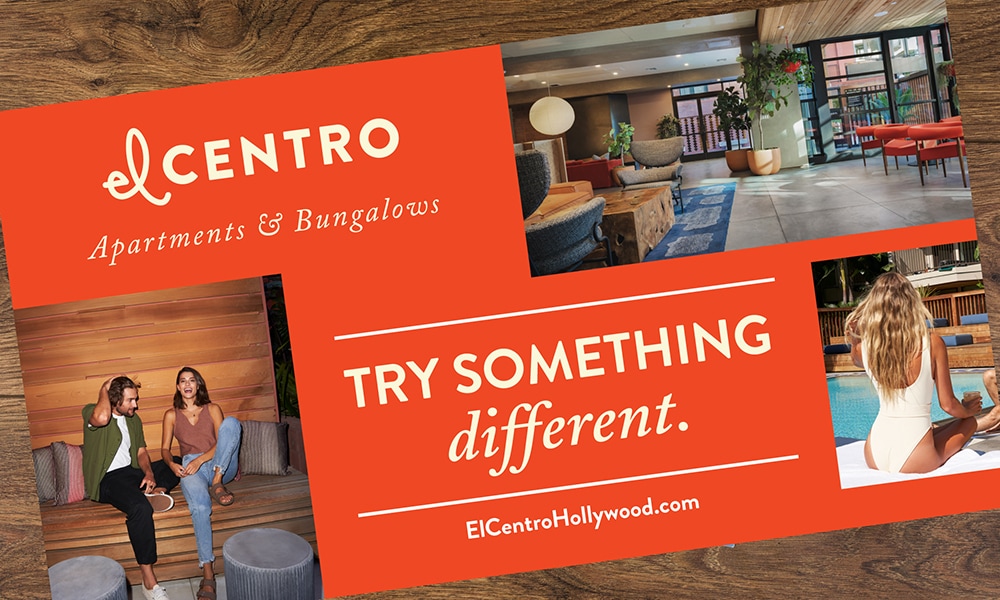 el CENTRO Postcard laying on wood texture with bright orange background and lifestyle and community photography